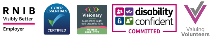 A series of logos for RNIB, Cyber Security Essentials, Visionary, Disability Confident and Valuing Volunteers