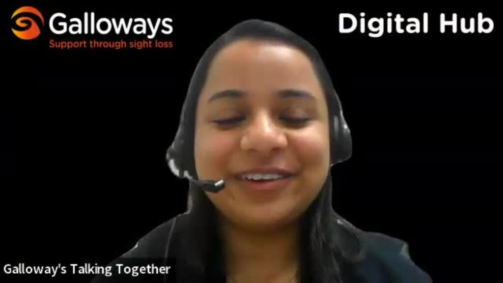 Image of Nadia of Galloways against a black background with the Galloways logo and the wording "Digital Hub" in the background