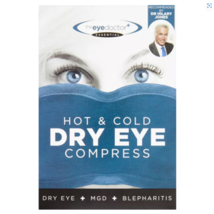 The image shows the box in which the eye mask is stored. In the top right-hand corner is a picture of DR Hilary Jones, in the top center there is ‘The Eye Doctor’ logo. There is a pair for blue eyes in the rest of the top third of the box and removing ¾’s is blue with white writing stating it is a hot and cold Dry Eye compress.