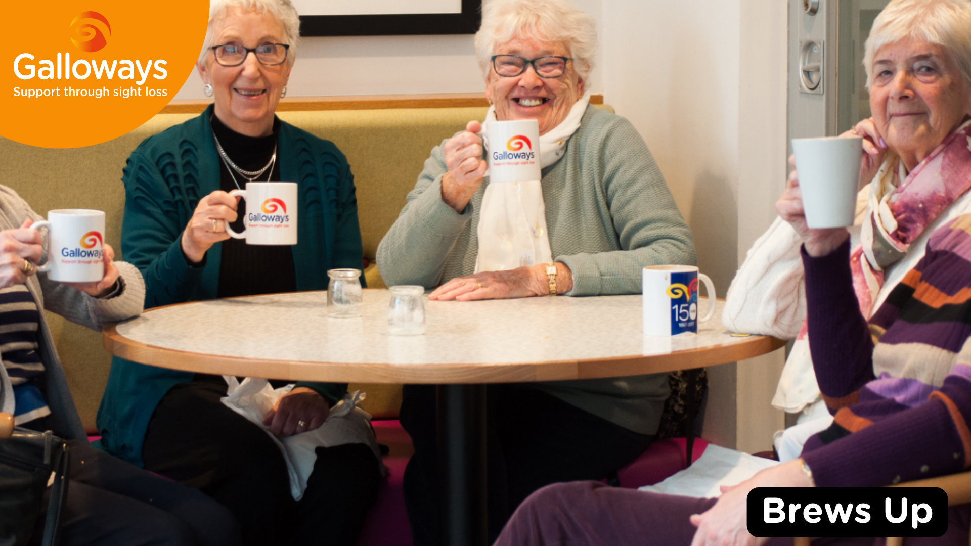 A group of people smiling, holding branded cups with the Galloways logo on. The bottom right corner has a caption in white writing on top of a black box saying," brews up". The top left corner has Galloways logo with an orange semi-circle behind.