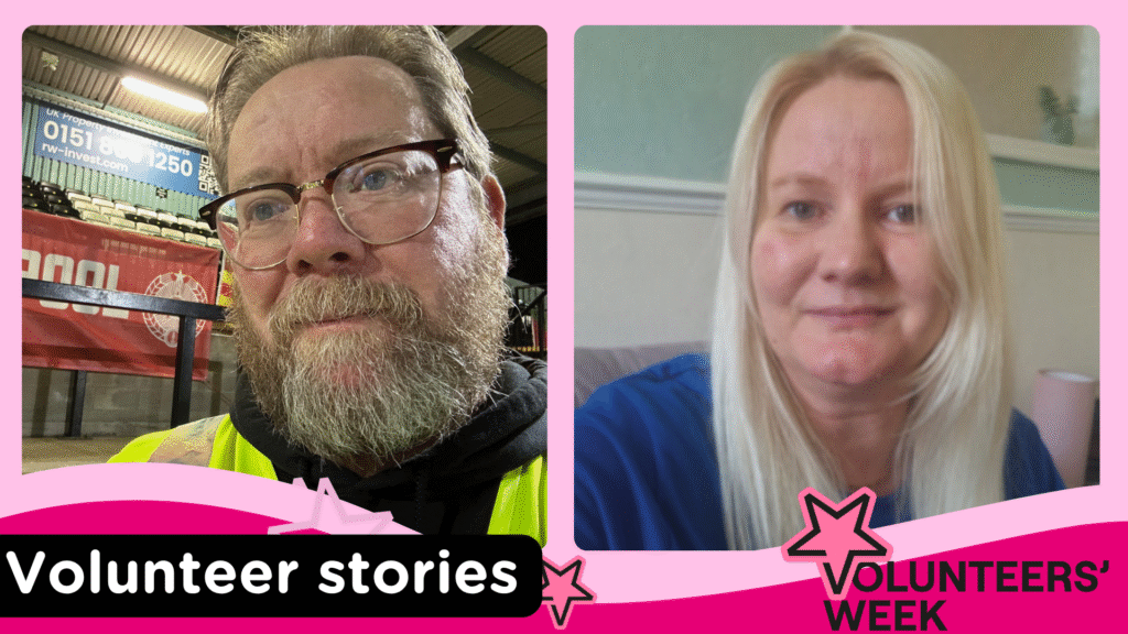 Two images side by side of the volunteers Adrian and Joanne. A pink background with a title saying,"Volunteer Stories." The volunteers week logo is in the bottom right corner.