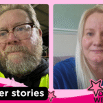 Two images side by side of the volunteers Adrian and Joanne. A pink background with a title saying,"Volunteer Stories." The volunteers week logo is in the bottom right corner.