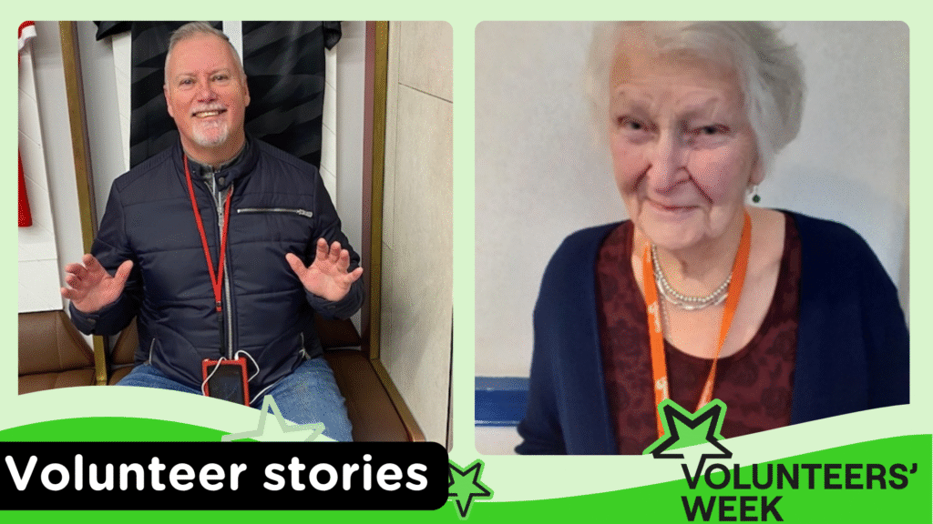 Side-by-side photos of two Galloway’s volunteers, Seth and Anne, as part of a “Volunteer Stories” feature for Volunteers’ Week. On the left, Seth is smiling and seated, wearing a navy jacket and red lanyard. On the right, Anne is smiling warmly, wearing a dark cardigan, patterned top, and an orange lanyard. The background features green and black banners with stars and the text “Volunteer stories” and “Volunteers’ Week.”
