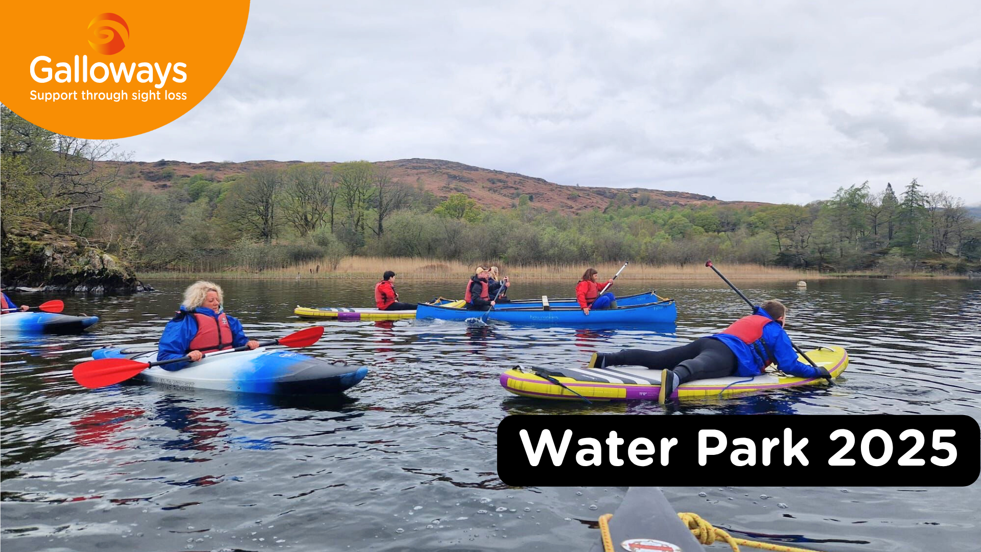 An image of service users on canoe boats at Water Park 2025. The Galloways logo is in the top left corner on an orange circle and a caption is to the bottom right reading," water park 2025."