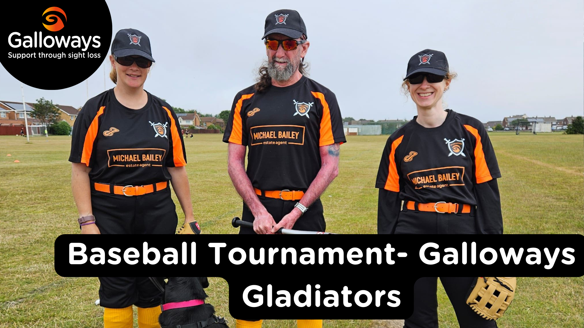 An image of three Galloway Gladiators at the Baseball Tournament, smiling, holding baseball bats.
