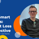 Galloways graphic promoting “Meta Smart Glasses: A Sight Loss Perspective with Service User Lee Morris.” Lee is pictured seated indoors wearing black glasses and a black jumper. The design uses a dark blue background with orange and yellow circular graphics and the Galloways logo.