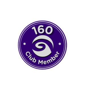 Purple circular badge with white text reading “160 Club Member”, a central swirl logo and a double-ring border on a white background.